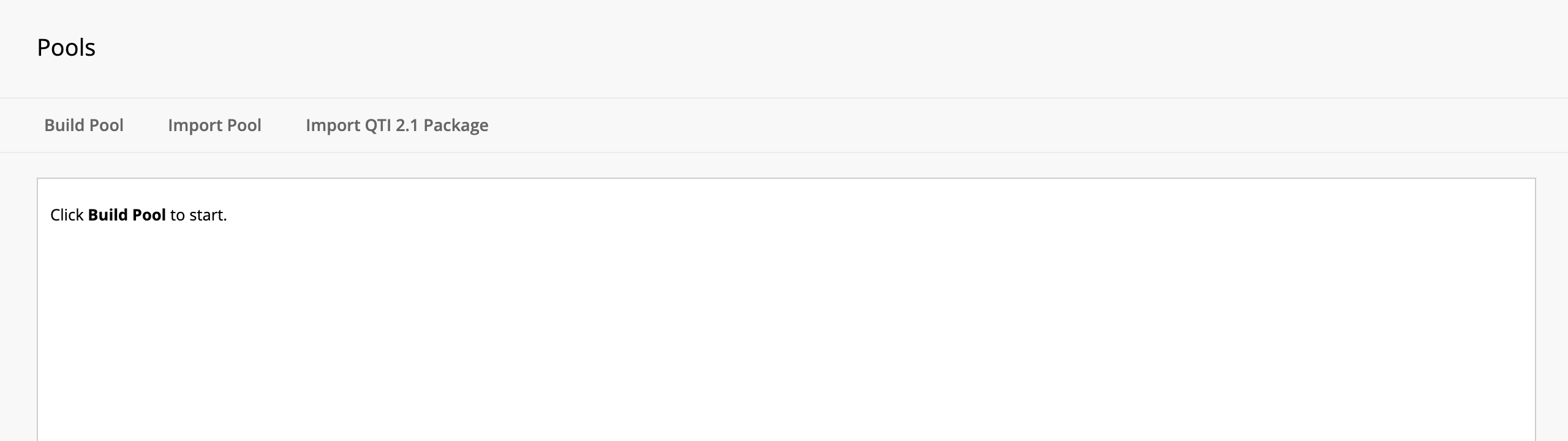 Blackboard interface showing the "Pools" section with options to "Build Pool," "Import Pool," and "Import QTI 2.1 Package," but no existing pools.