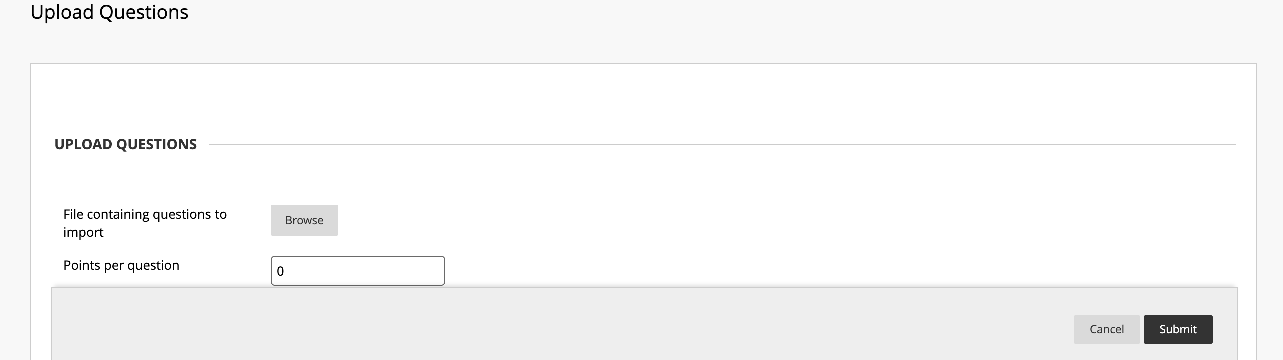 Blackboard's "Upload Questions" screen, with options to browse for a file and set point values.