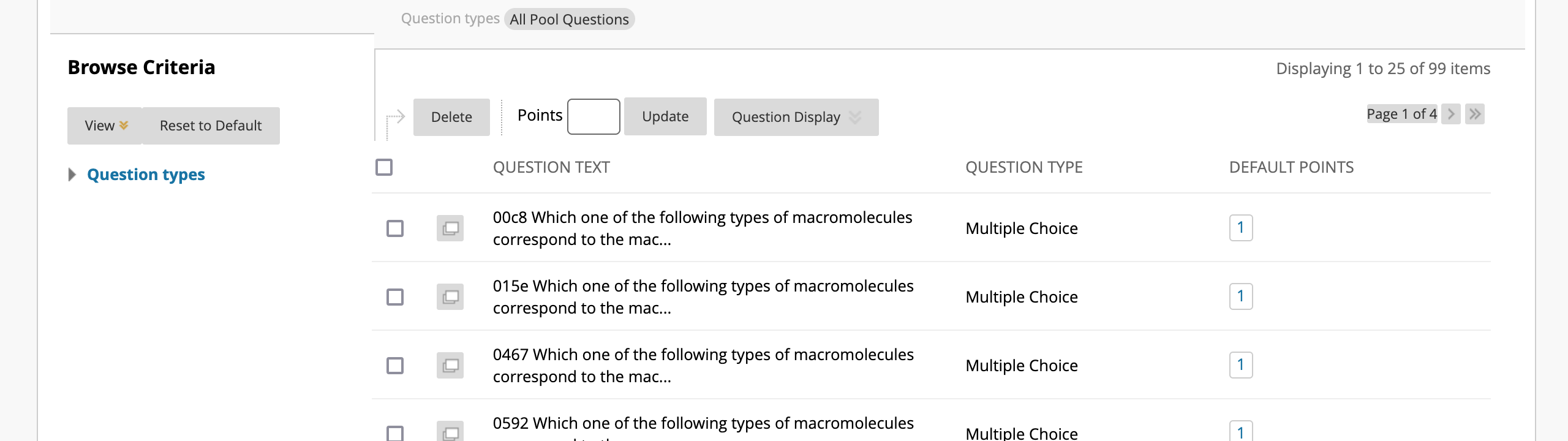 Blackboard displaying the list of uploaded questions inside the "my first question pool".