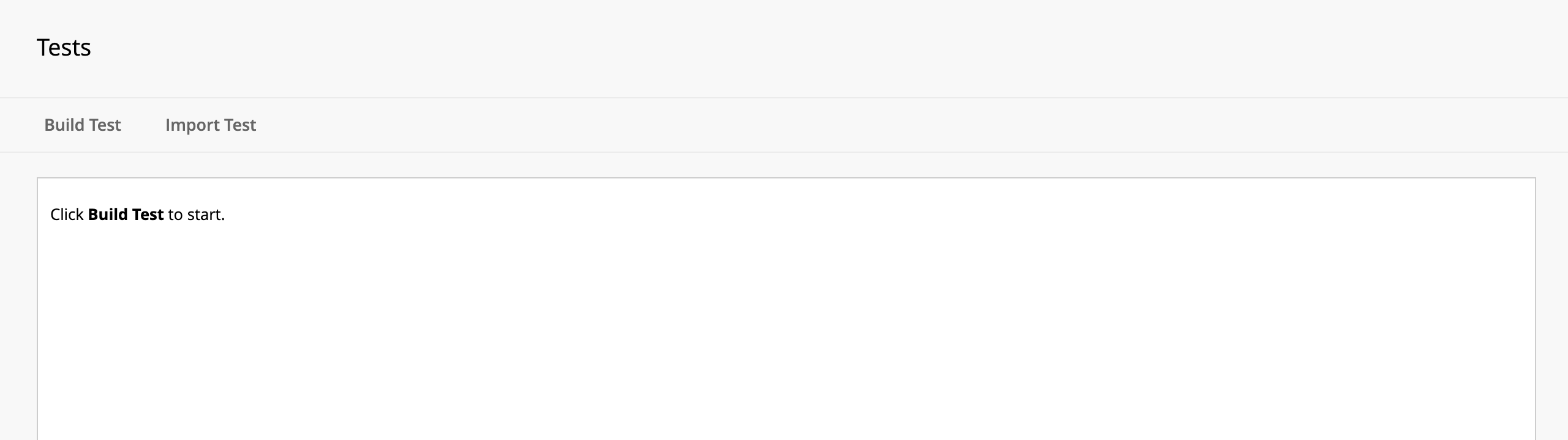 Blackboard’s "Tests" section, currently empty, displaying the "Build Test" button.