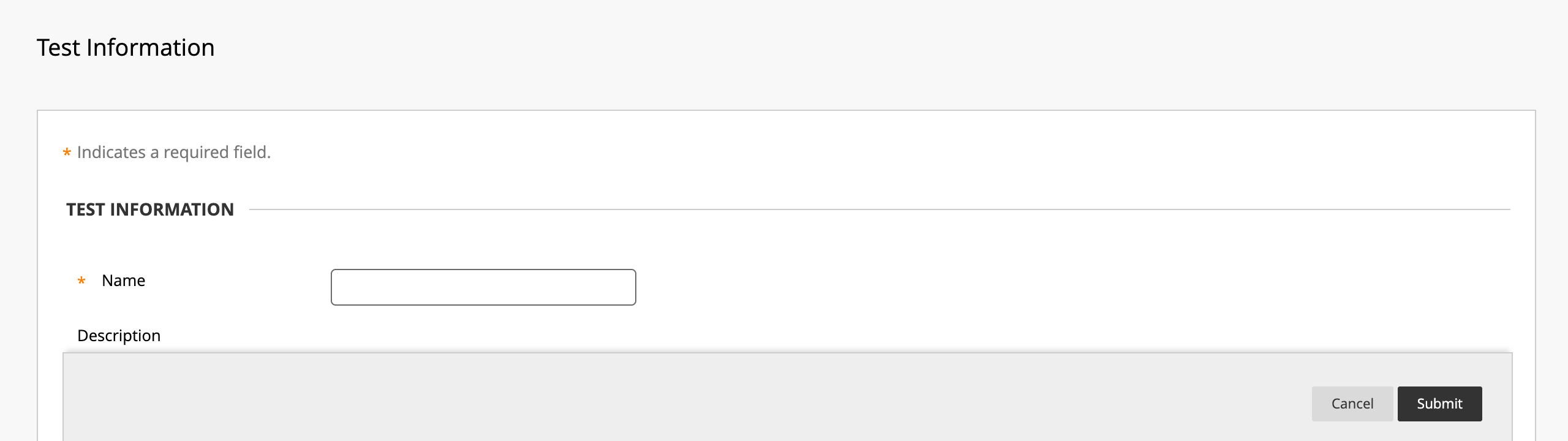 Test information screen with fields to enter a test name, description, and instructions.