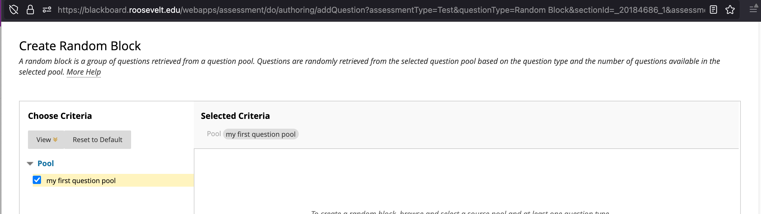 Popup window displaying available question pools, with one selected.