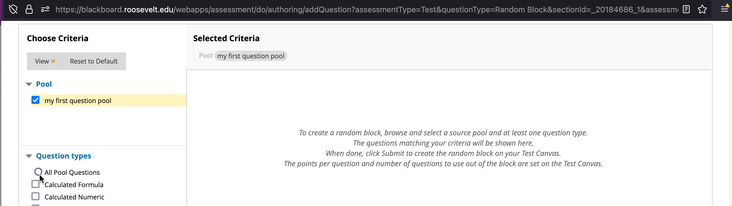 Pop-up window with the mouse pointer hovering over "All Questions" unselected and the question pool empty.