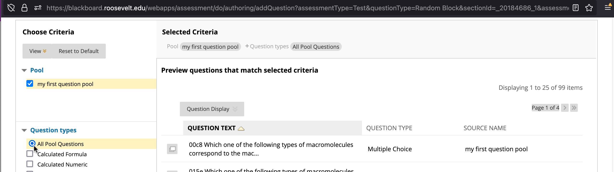 Pop-up window with the mouse pointer hovering over "All Questions" now selected and a list of questions displayed.