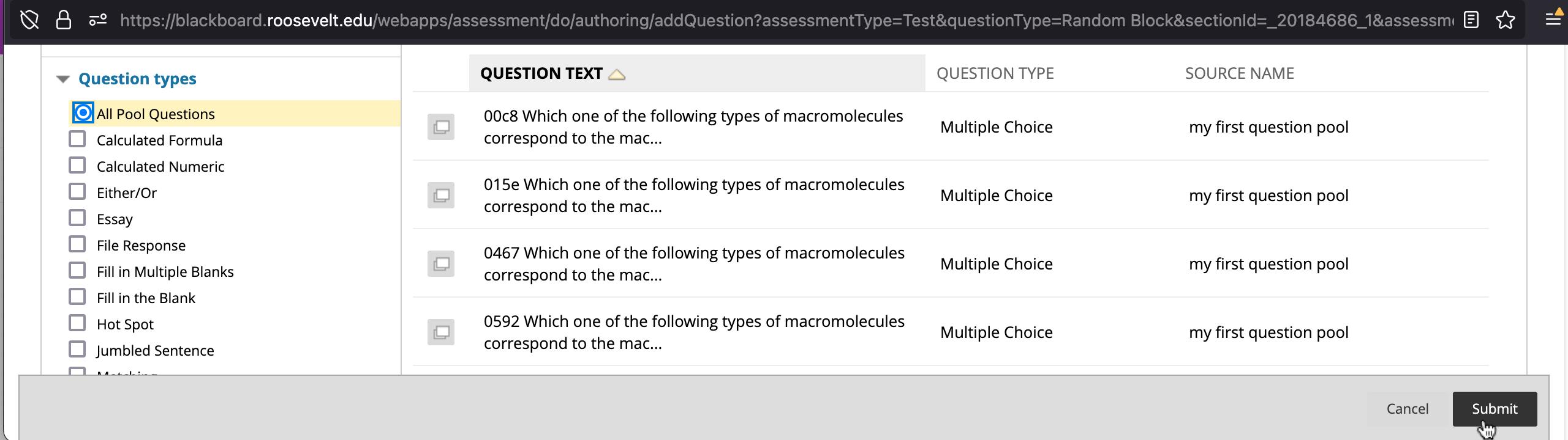 Scrolled down from before, highlighting the list of questions and the mouse hovered over the submit button.