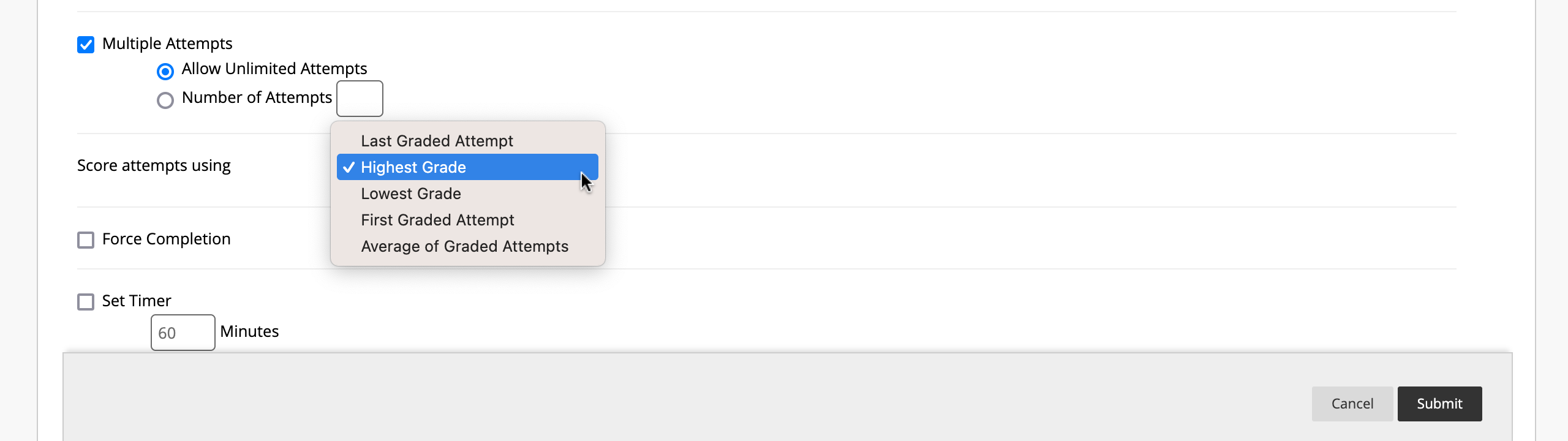 Dropdown menu expanded, with "Highest Grade" selected as the scoring option for multiple attempts.