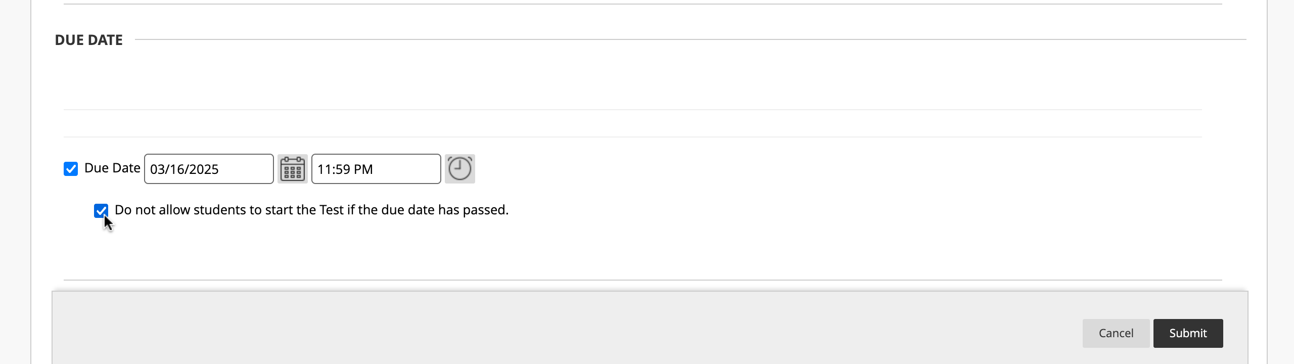 The "Due Date" section in Blackboard's test settings, displaying a selected due date with the option checked to prevent students from starting the test after the due date has passed.