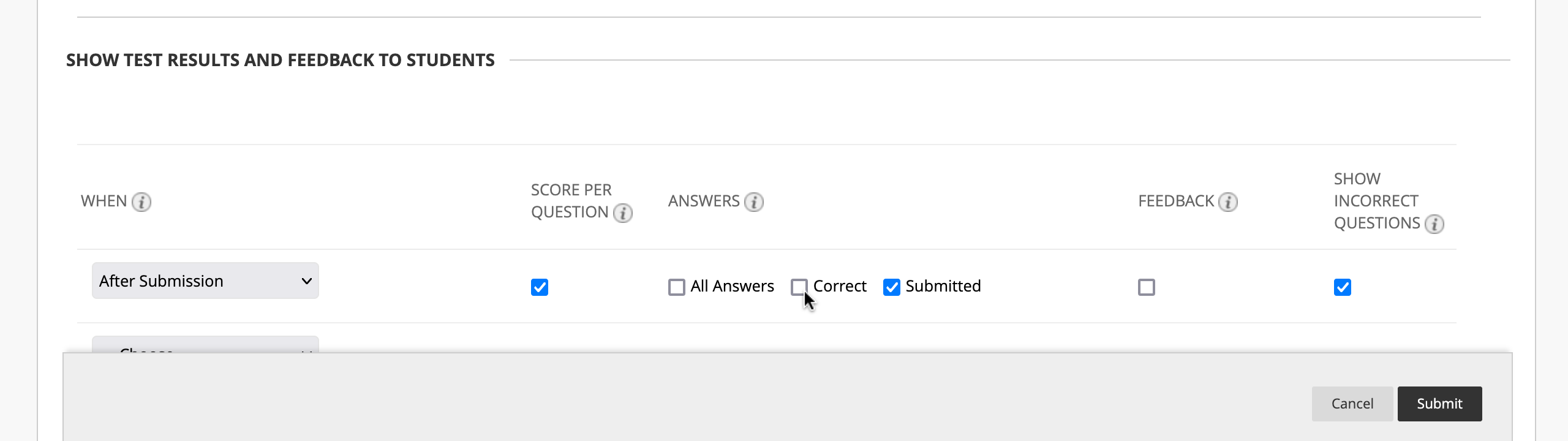 Blackboard test feedback settings, showing options for displaying test results and feedback to students, with "Score per Question," "Submitted Answers," and "Show Incorrect Questions" checked.