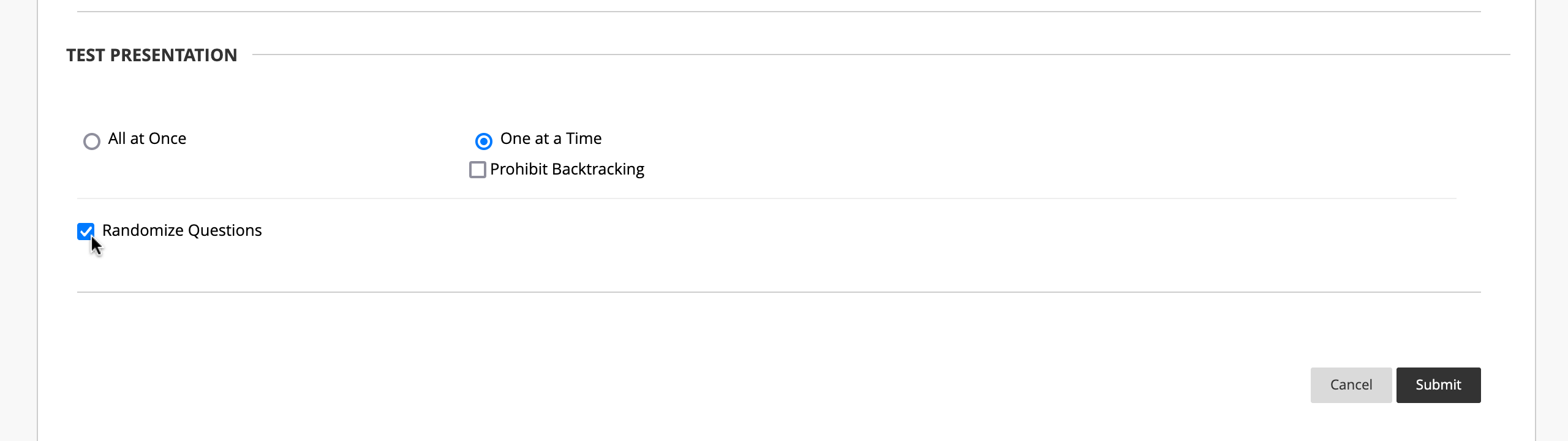 The "Test Presentation" section in Blackboard, with the "One at a Time" question display mode selected and the "Randomize Questions" option enabled.