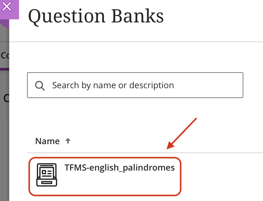 Blackboard Ultra Question Banks page showing a newly imported bank listed with an arrow pointing to its name, which can be clicked to rename.