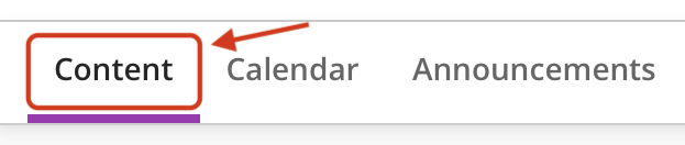Blackboard Ultra course navigation menu with the Content tab highlighted and an arrow pointing to it.