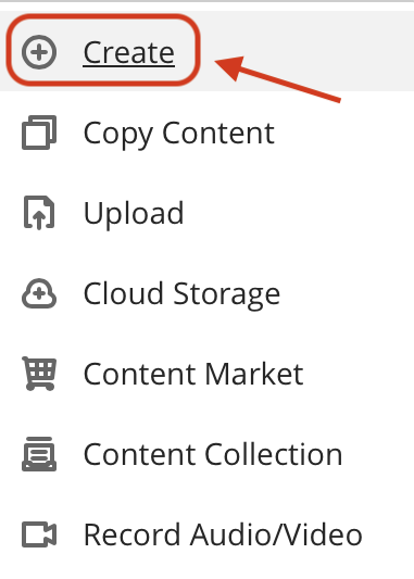dropdown menu in Blackboard Ultra with an arrow pointing to the first option, ‘Create.’