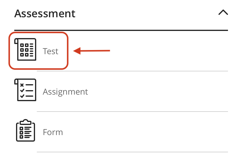 Assessment panel in Blackboard Ultra with an arrow pointing to the ‘Test’ option.