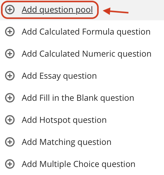 dropdown menu in Blackboard Ultra with an arrow pointing to the first option, ‘Add question pool.’
