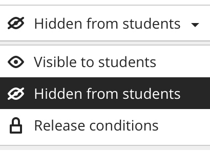 Visibility settings dropdown in Blackboard Ultra with options: Visible to students, Hidden from students, and Release conditions.