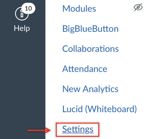 Canvas course navigation menu with “Settings” highlighted in red at the bottom, indicated by a red arrow.
