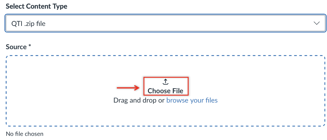 Canvas import screen with “QTI .zip file” selected as content type and the “Choose File” button highlighted in the file upload section.