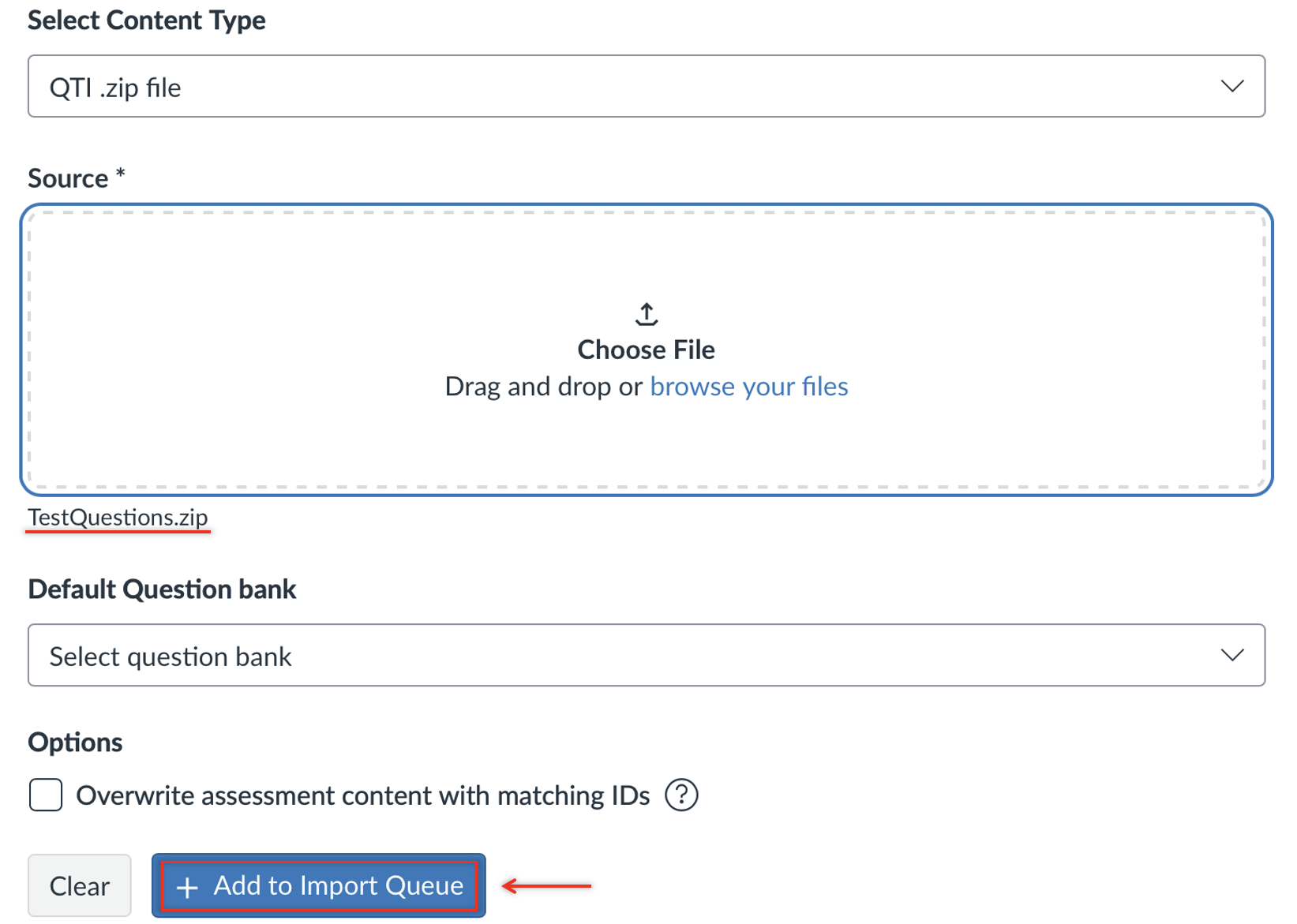 Canvas import screen showing “TestQuestions.zip” selected as the source file, with the “Add to Import Queue” button highlighted at the bottom.