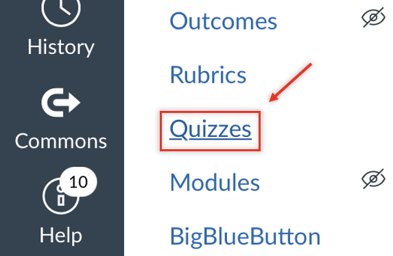 Canvas course navigation menu with the “Quizzes” link highlighted by a red box and arrow.