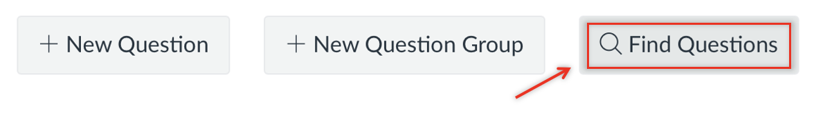 Canvas quiz question editor showing three buttons, with the “Find Questions” button on the right highlighted by a red box and arrow.