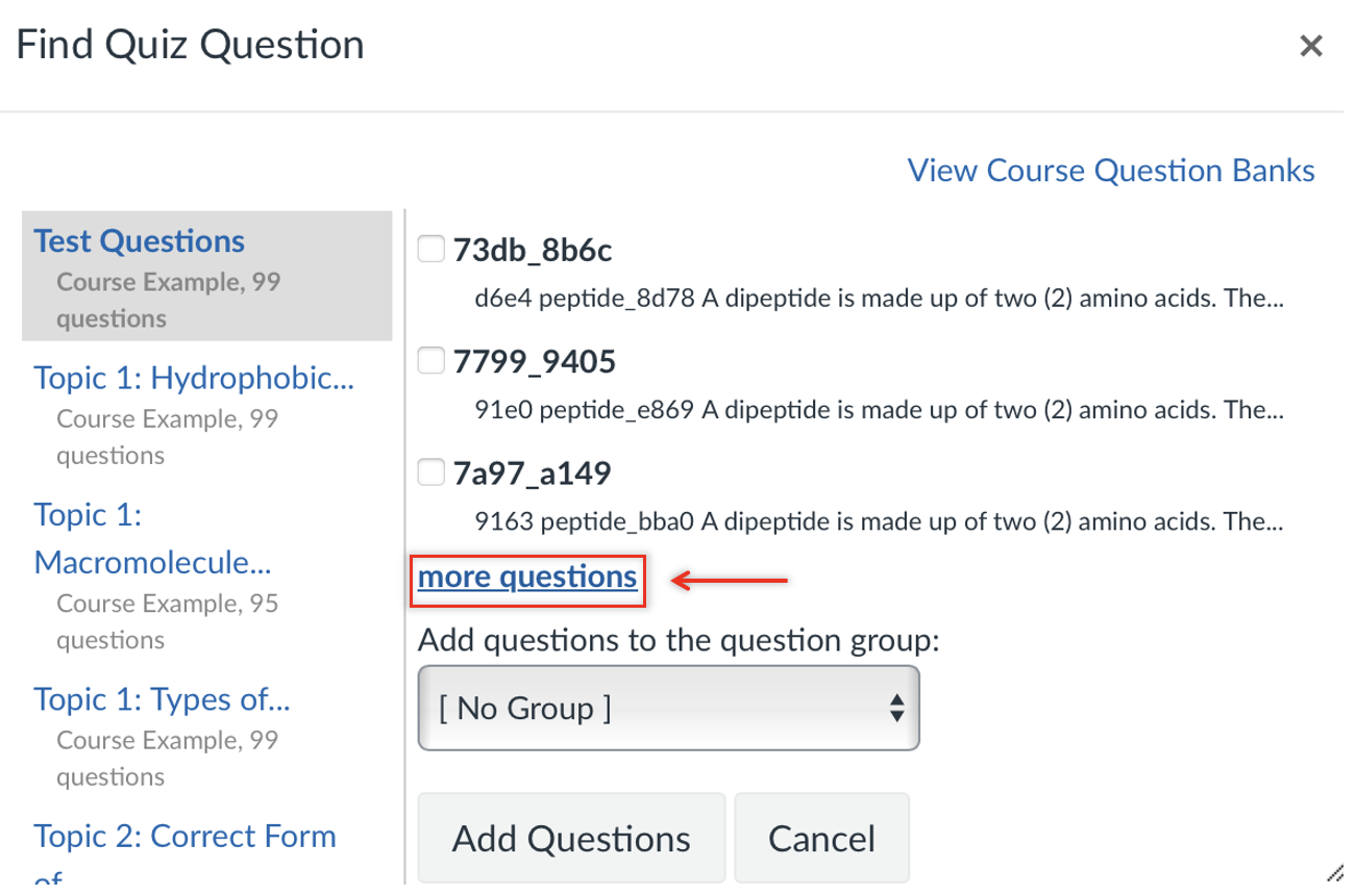 Canvas “Find Quiz Question” window displaying a list of question banks and questions, with the “more questions” link highlighted in red.