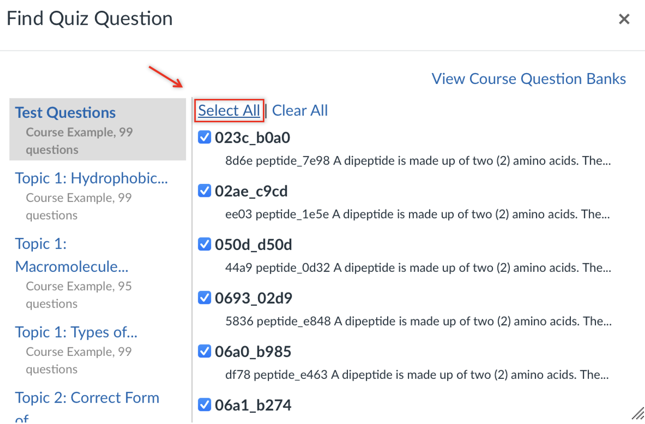 Canvas “Find Quiz Question” window with the “Test Questions” bank selected and multiple questions checked, while the “Select All” link is highlighted above the list.